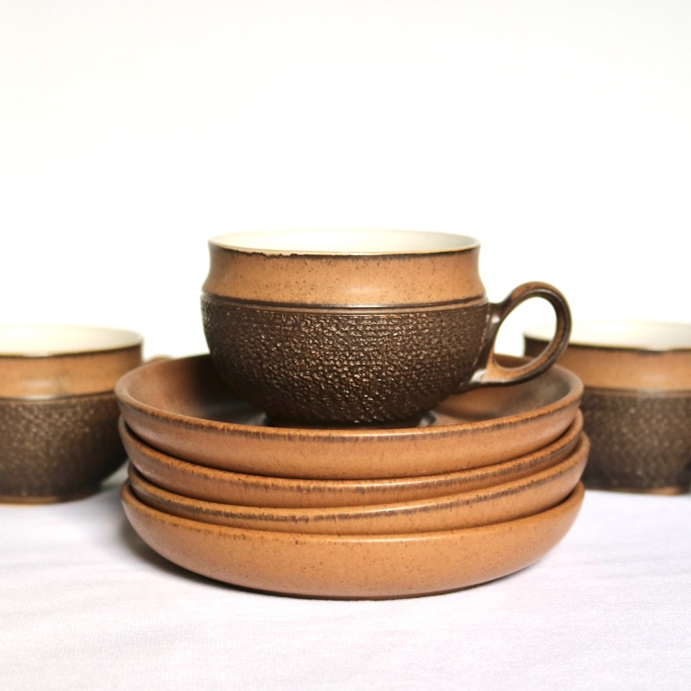 DENBY Set of 4 Cotswold Acorn Cup & Saucer Country Faye Brown Textured Stoneware